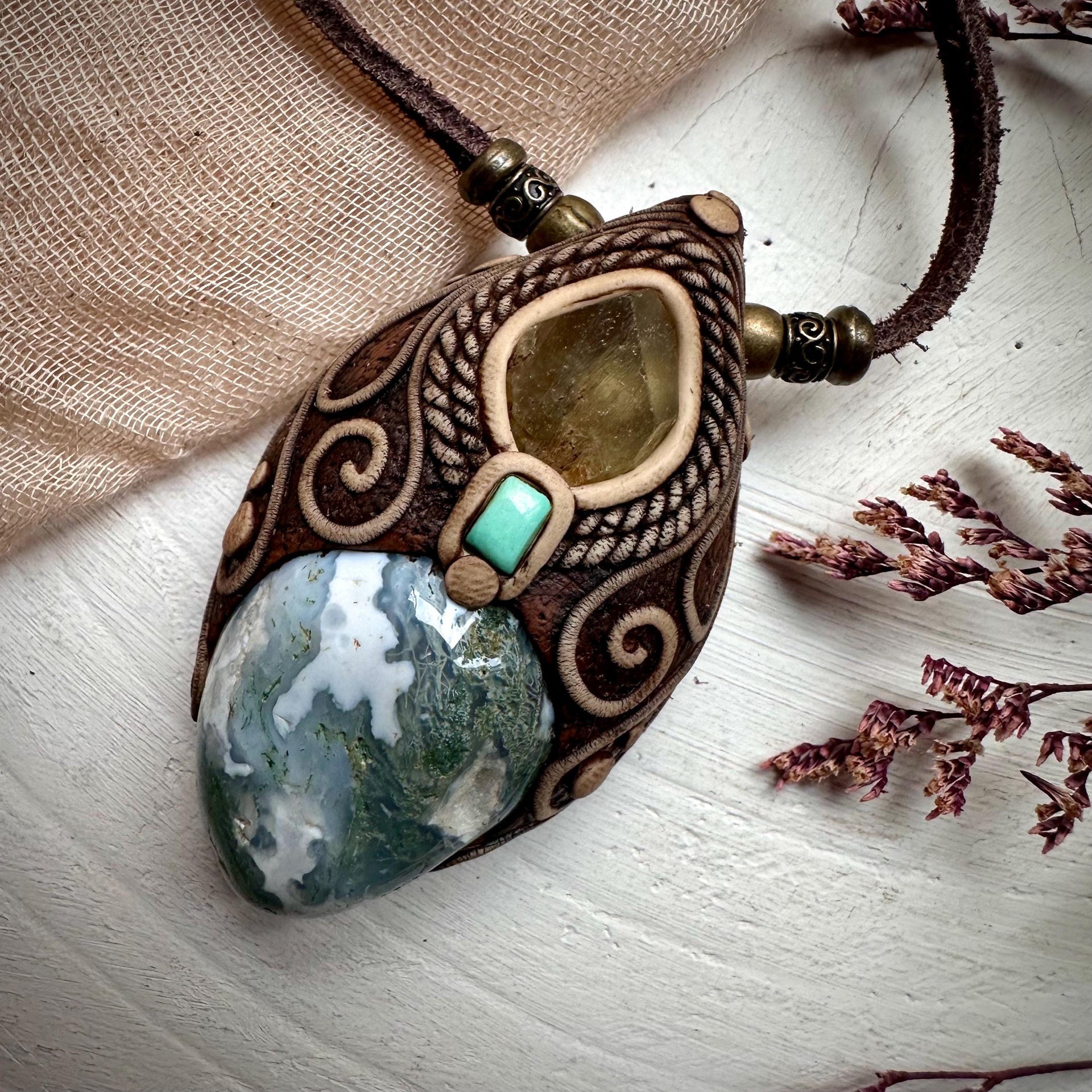 Moss Agate Brazilianite and Tibetan Turquoise Necklace - FairyGardenGlow