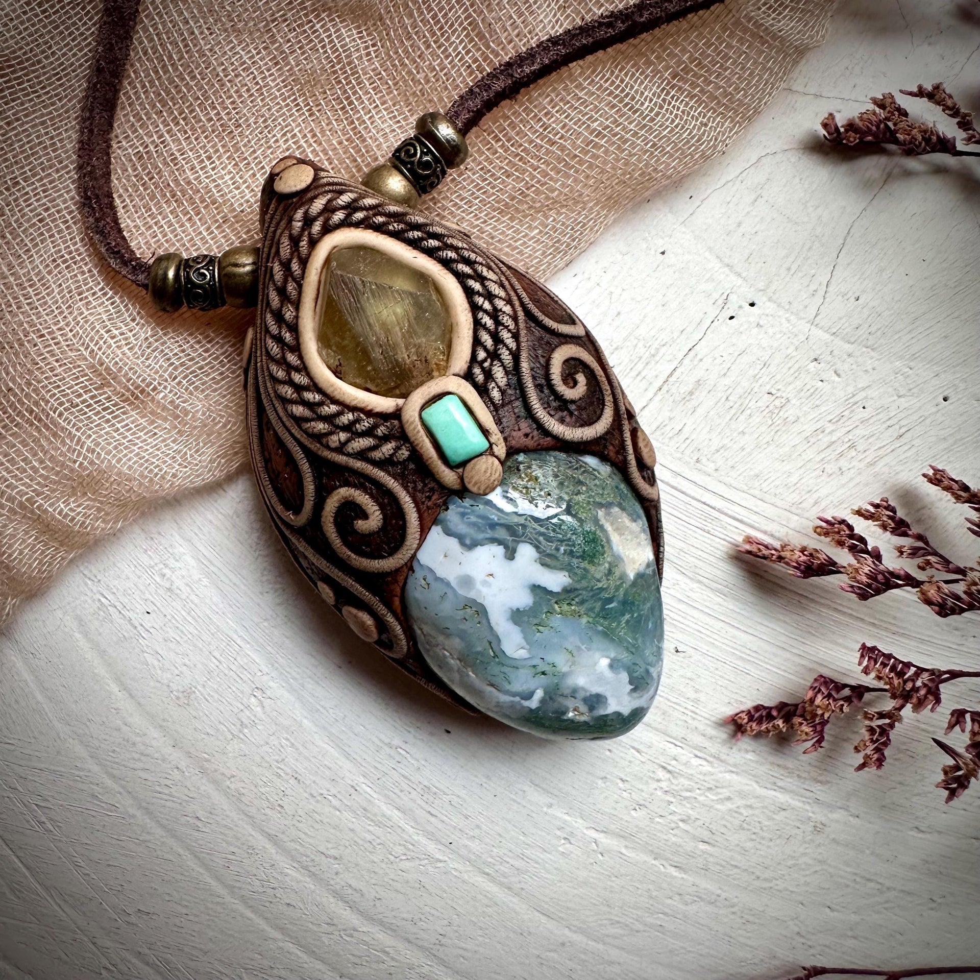 Moss Agate Brazilianite and Tibetan Turquoise Necklace - FairyGardenGlow