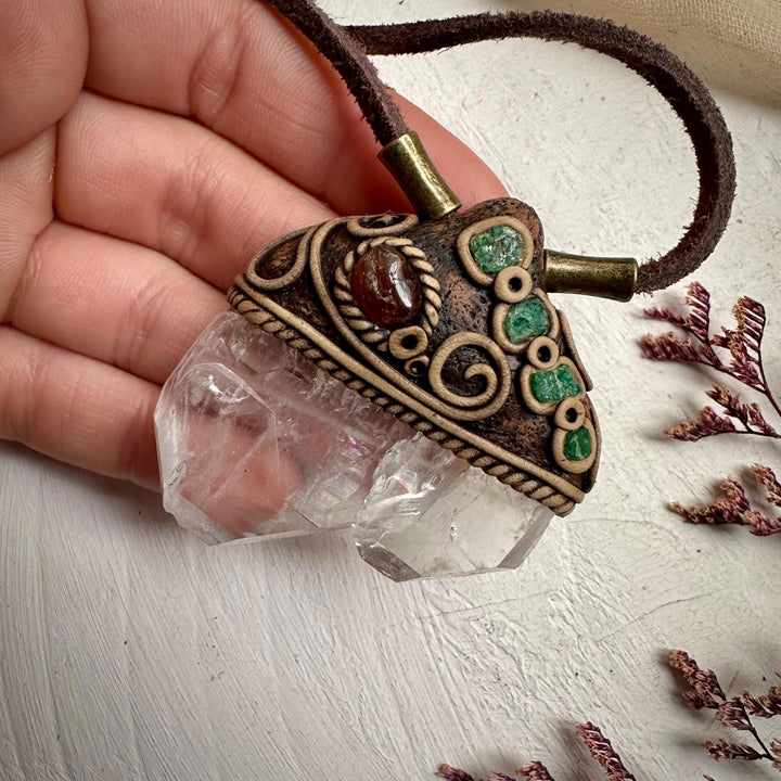Faden Quartz Hessonite Garnet and Raw Emerald Pendant - FairyGardenGlow