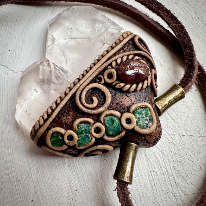 Faden Quartz Hessonite Garnet and Raw Emerald Pendant - FairyGardenGlow