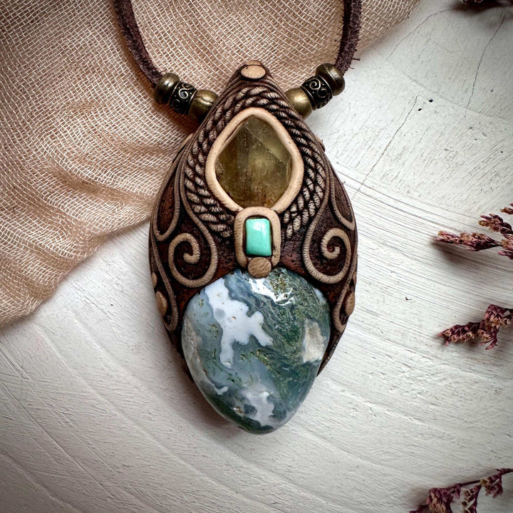 Moss Agate Brazilianite and Tibetan Turquoise Necklace - FairyGardenGlow