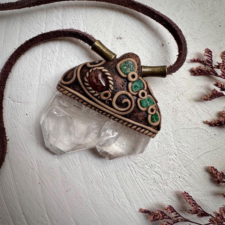 Faden Quartz Hessonite Garnet and Raw Emerald Pendant - FairyGardenGlow