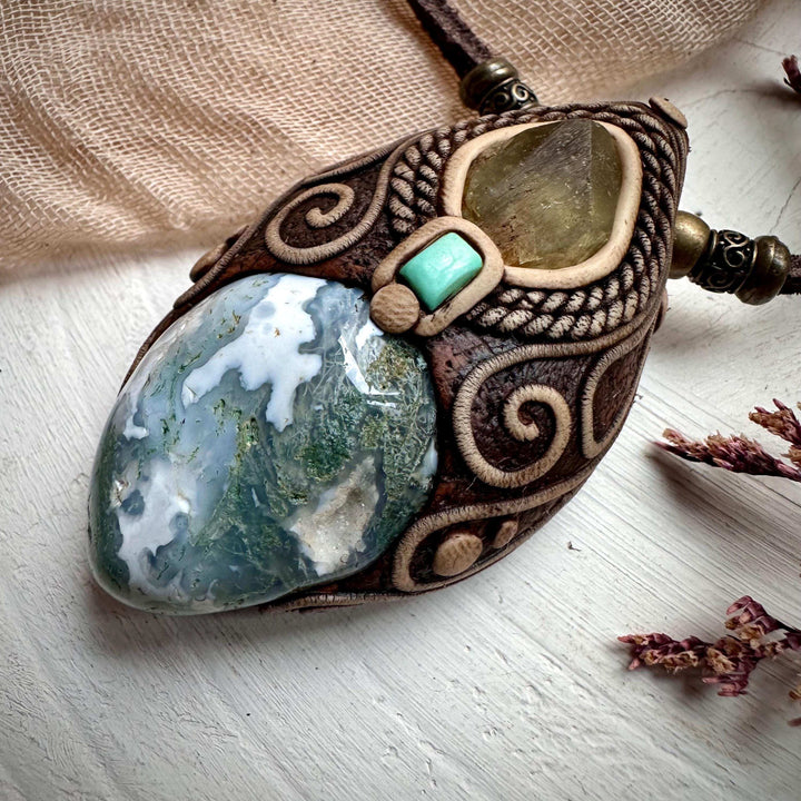Moss Agate Brazilianite and Tibetan Turquoise Necklace - FairyGardenGlow