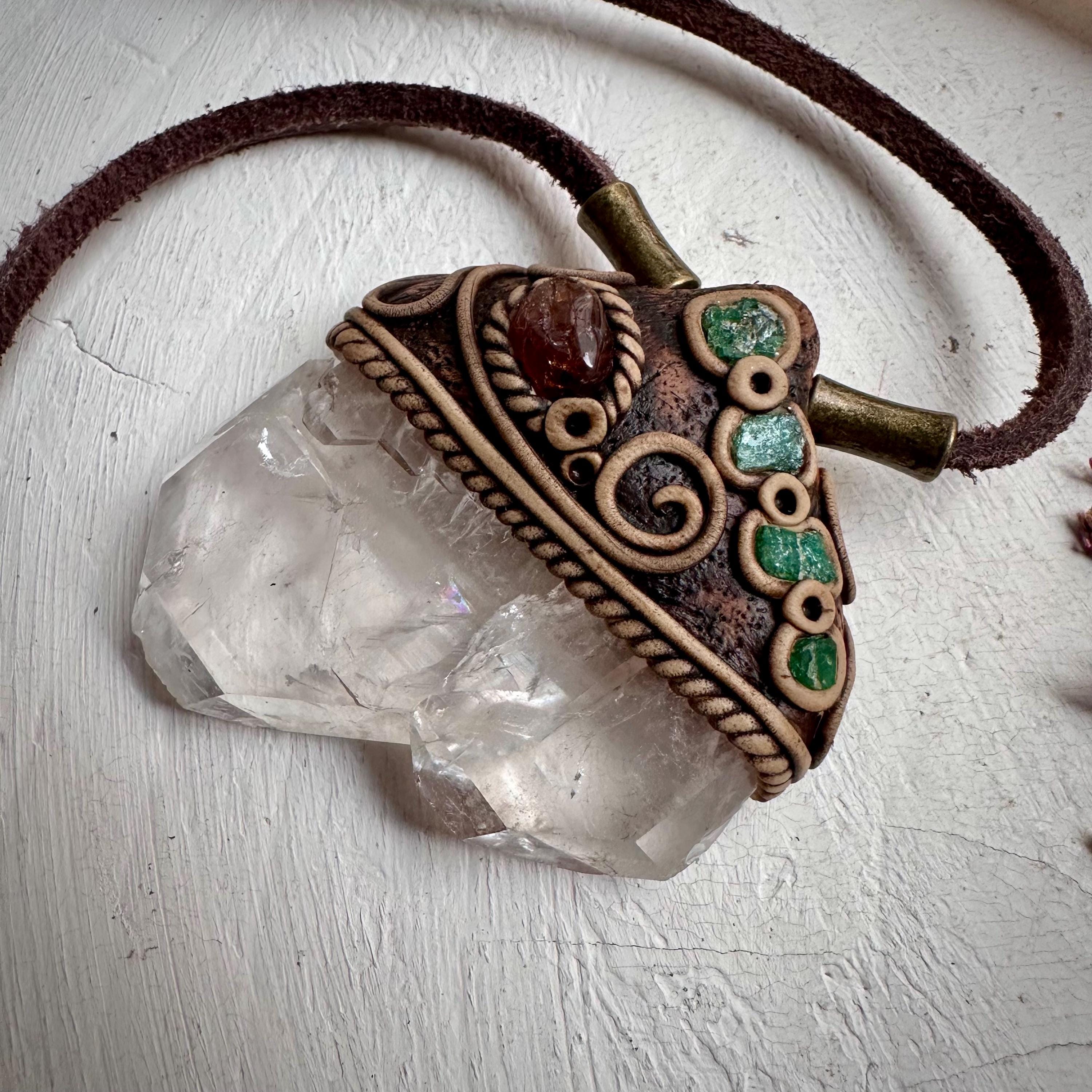 Faden Quartz Hessonite Garnet and Raw Emerald Pendant - FairyGardenGlow