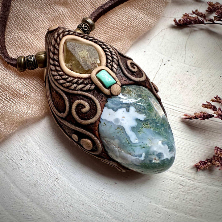 Moss Agate Brazilianite and Tibetan Turquoise Necklace - FairyGardenGlow
