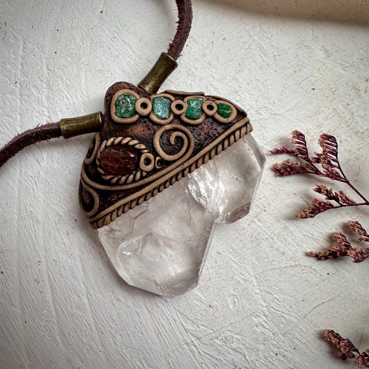 Faden Quartz Hessonite Garnet and Raw Emerald Pendant - FairyGardenGlow