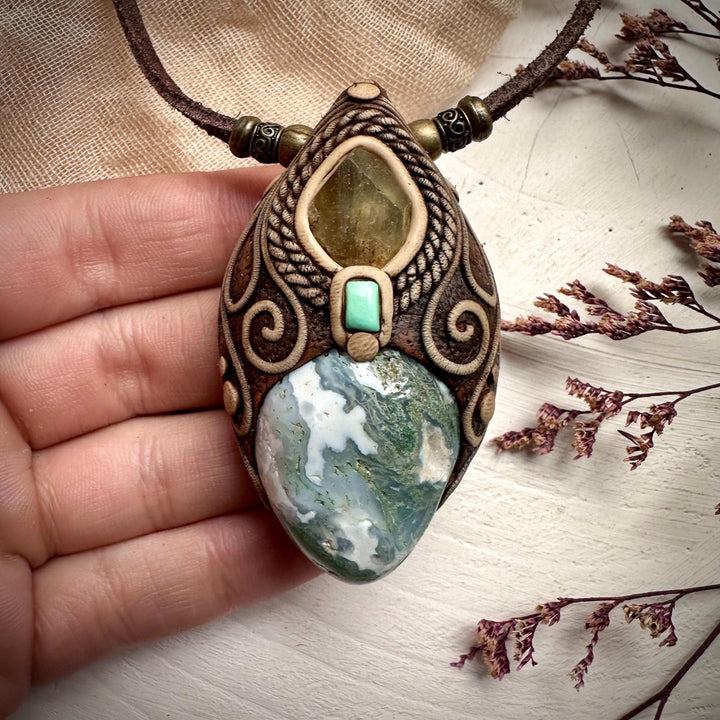 Moss Agate Brazilianite and Tibetan Turquoise Necklace - FairyGardenGlow