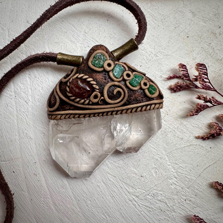Faden Quartz Hessonite Garnet and Raw Emerald Pendant - FairyGardenGlow