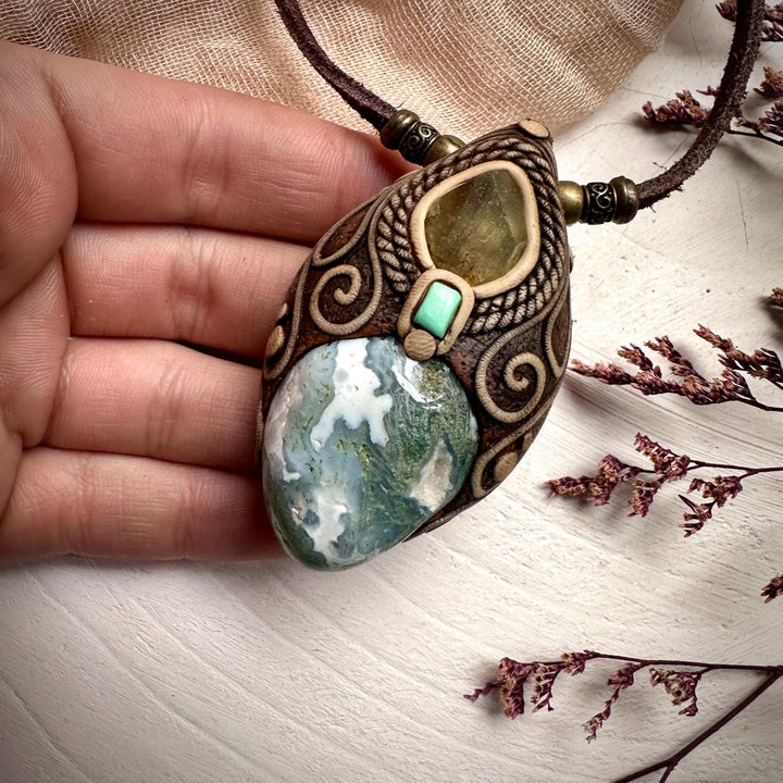 Moss Agate Brazilianite and Tibetan Turquoise Necklace - FairyGardenGlow