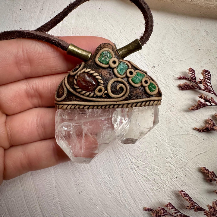 Faden Quartz Hessonite Garnet and Raw Emerald Pendant - FairyGardenGlow