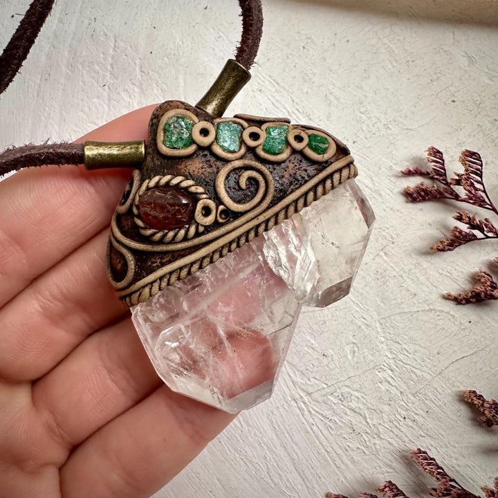 Faden Quartz Hessonite Garnet and Raw Emerald Pendant - FairyGardenGlow