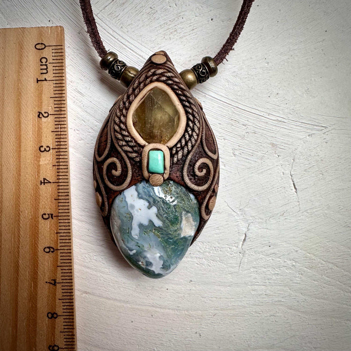 Moss Agate Brazilianite and Tibetan Turquoise Necklace - FairyGardenGlow