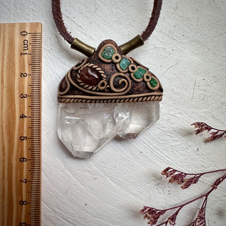 Faden Quartz Hessonite Garnet and Raw Emerald Pendant - FairyGardenGlow