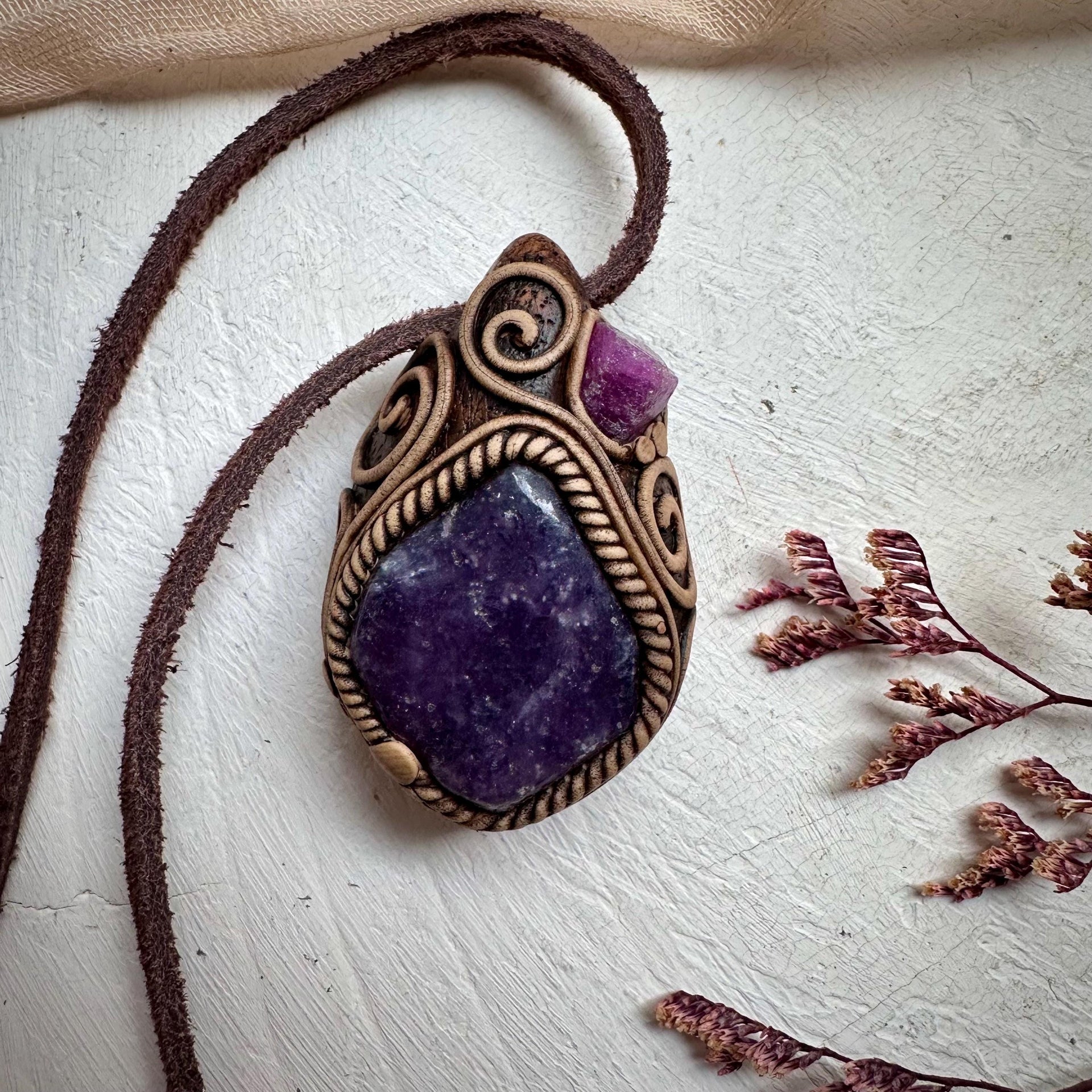 Lepidolite and Raw Ruby Pendant Necklace - FairyGardenGlow