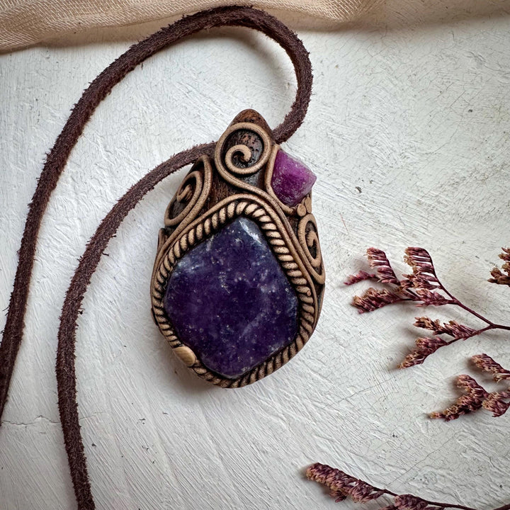 Lepidolite and Raw Ruby Pendant Necklace - FairyGardenGlow