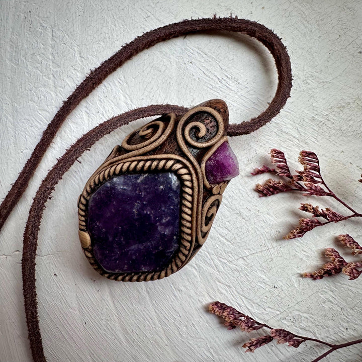 Lepidolite and Raw Ruby Pendant Necklace - FairyGardenGlow