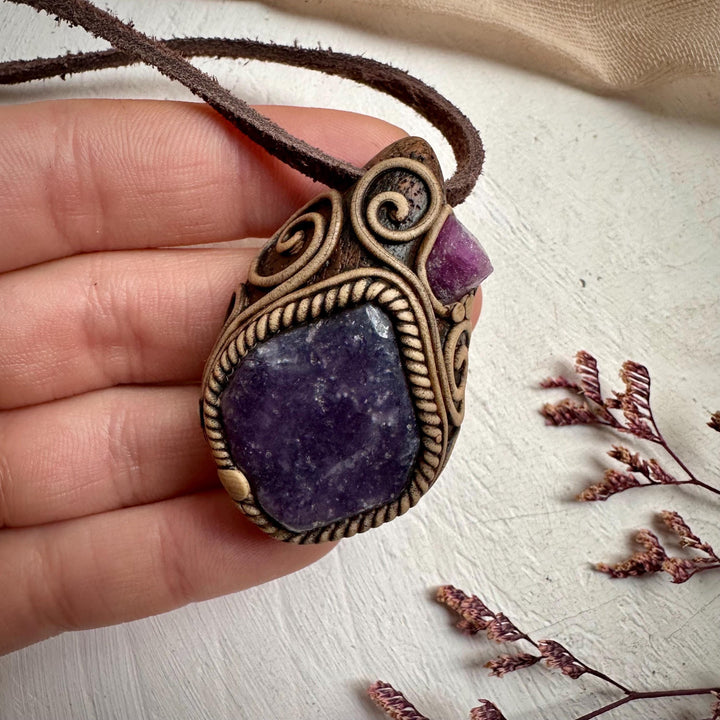 Lepidolite and Raw Ruby Pendant Necklace - FairyGardenGlow