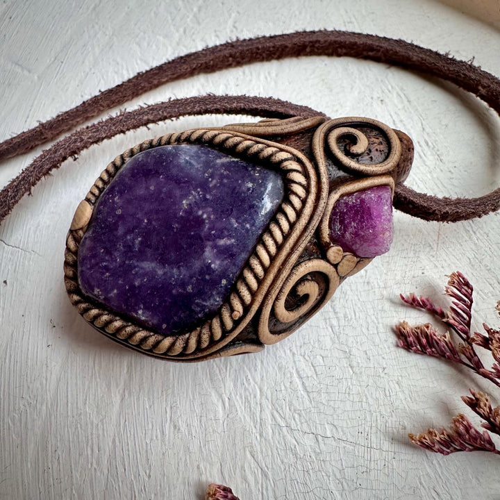 Lepidolite and Raw Ruby Pendant Necklace - FairyGardenGlow