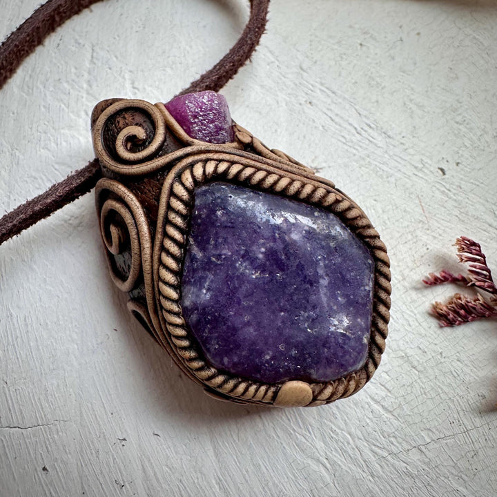 Lepidolite and Raw Ruby Pendant Necklace - FairyGardenGlow