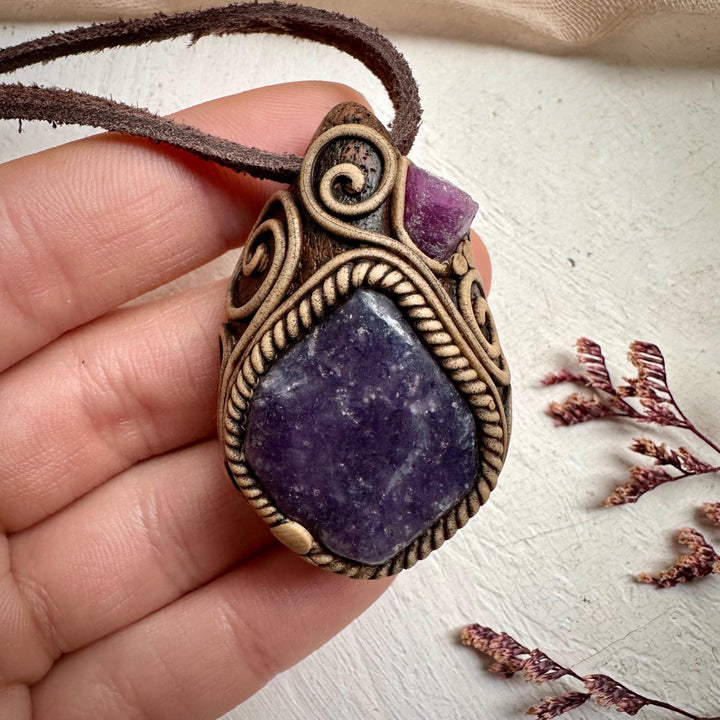 Lepidolite and Raw Ruby Pendant Necklace - FairyGardenGlow