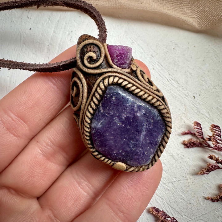 Lepidolite and Raw Ruby Pendant Necklace - FairyGardenGlow