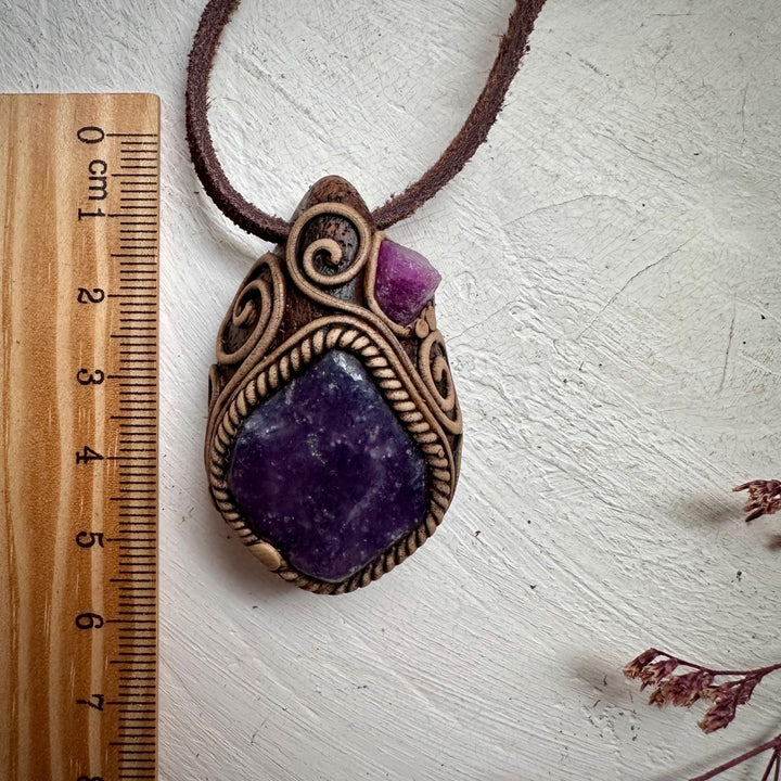 Lepidolite and Raw Ruby Pendant Necklace - FairyGardenGlow