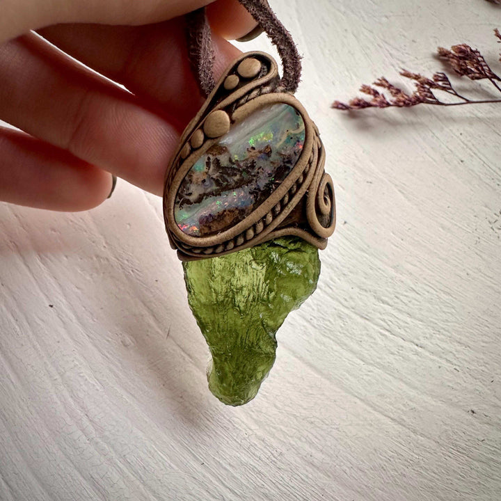 Large Moldavite and Boulder Opal Necklace - FairyGardenGlow