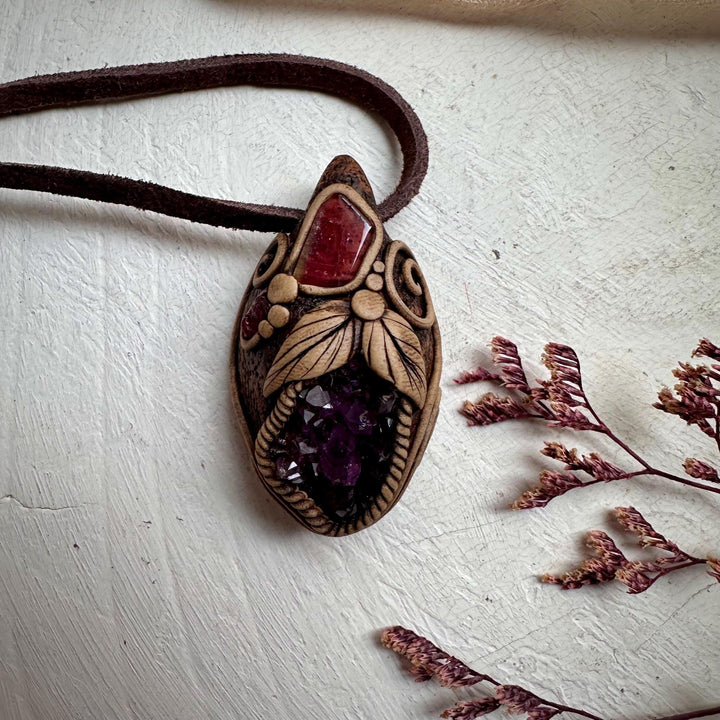 Amethyst Cluster Bi Color Tourmaline and Raw Mozambique Ruby Pendant Necklace - FairyGardenGlow