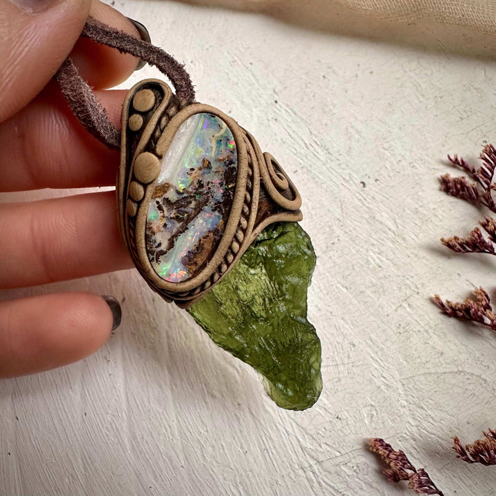 Large Moldavite and Boulder Opal Necklace - FairyGardenGlow