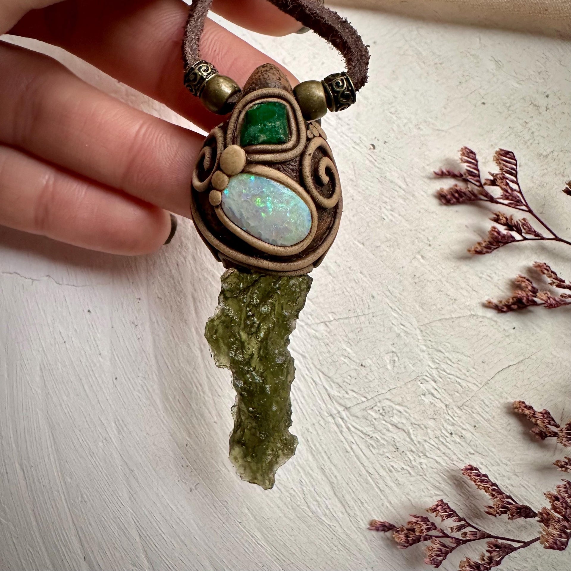 Moldavite Australian Opal and Raw Emerald Necklace - FairyGardenGlow