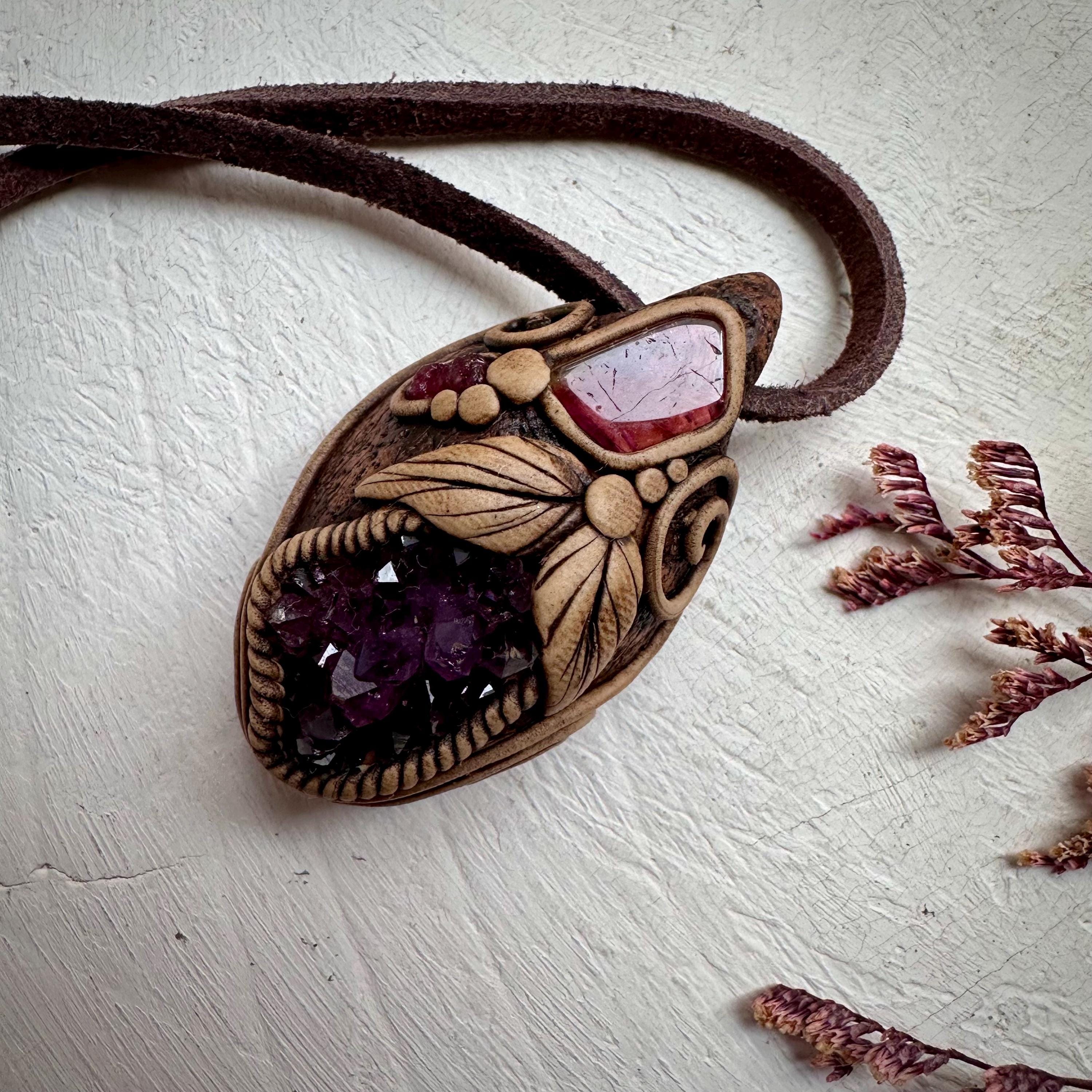 Amethyst Cluster Bi Color Tourmaline and Raw Mozambique Ruby Pendant Necklace - FairyGardenGlow