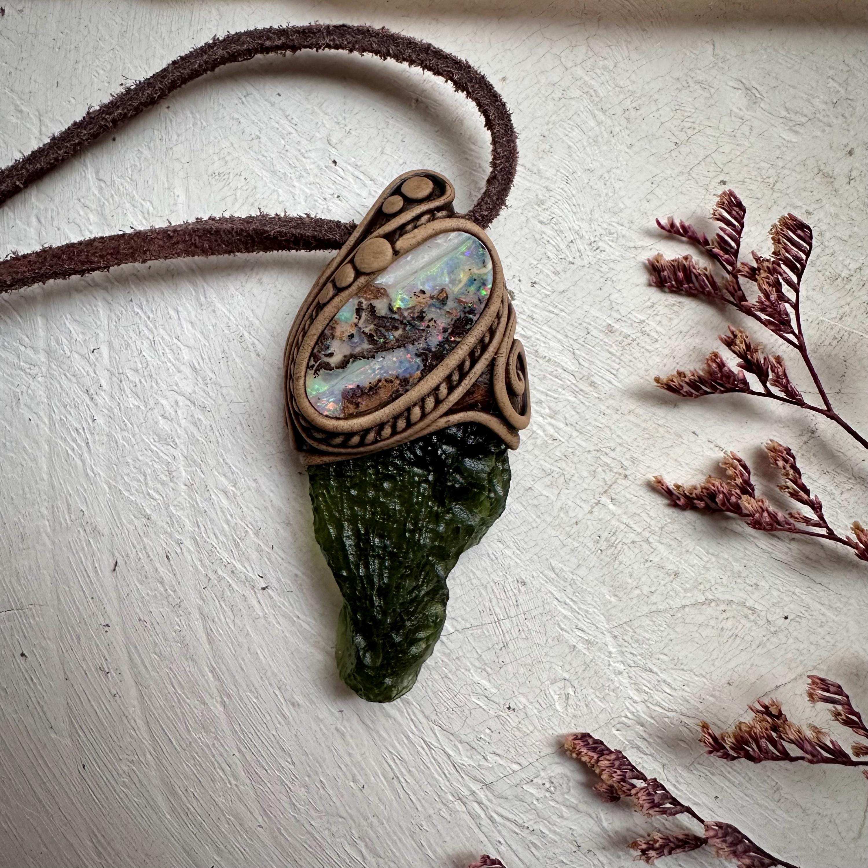 Large Moldavite and Boulder Opal Necklace - FairyGardenGlow