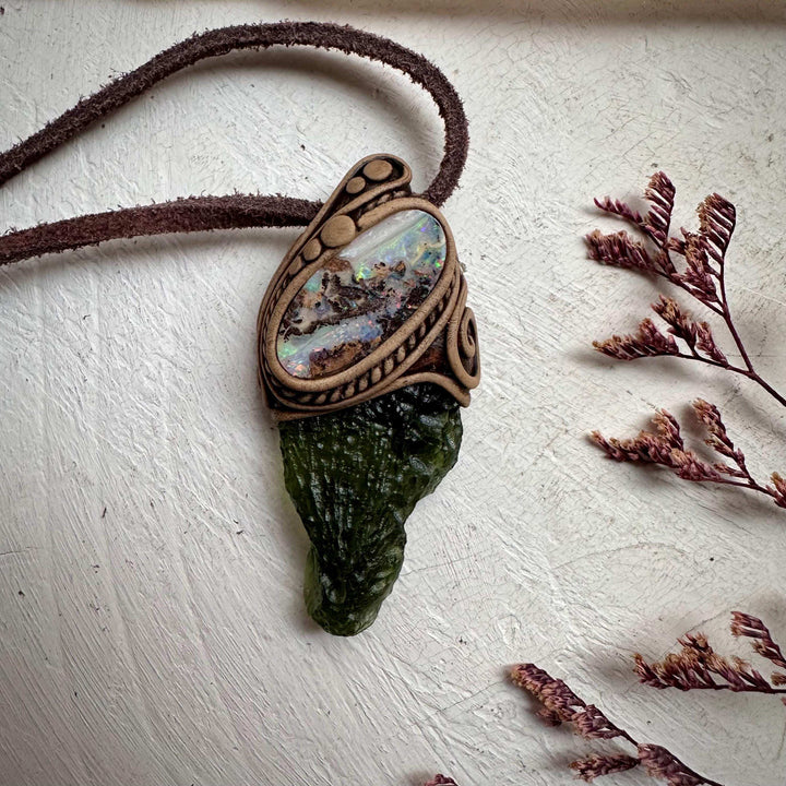 Large Moldavite and Boulder Opal Necklace - FairyGardenGlow