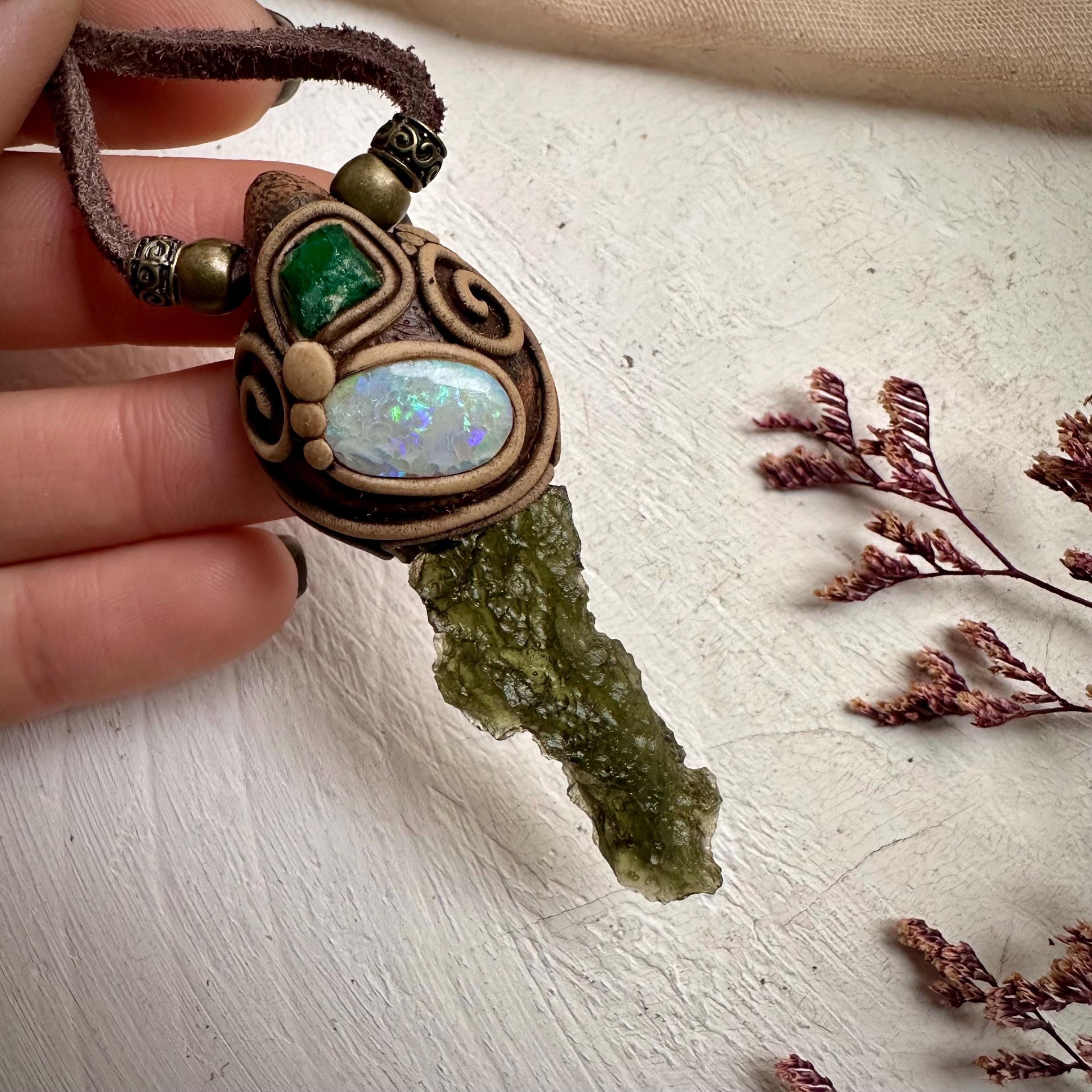 Moldavite Australian Opal and Raw Emerald Necklace - FairyGardenGlow