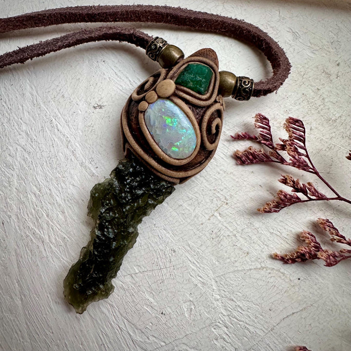Moldavite Australian Opal and Raw Emerald Necklace - FairyGardenGlow