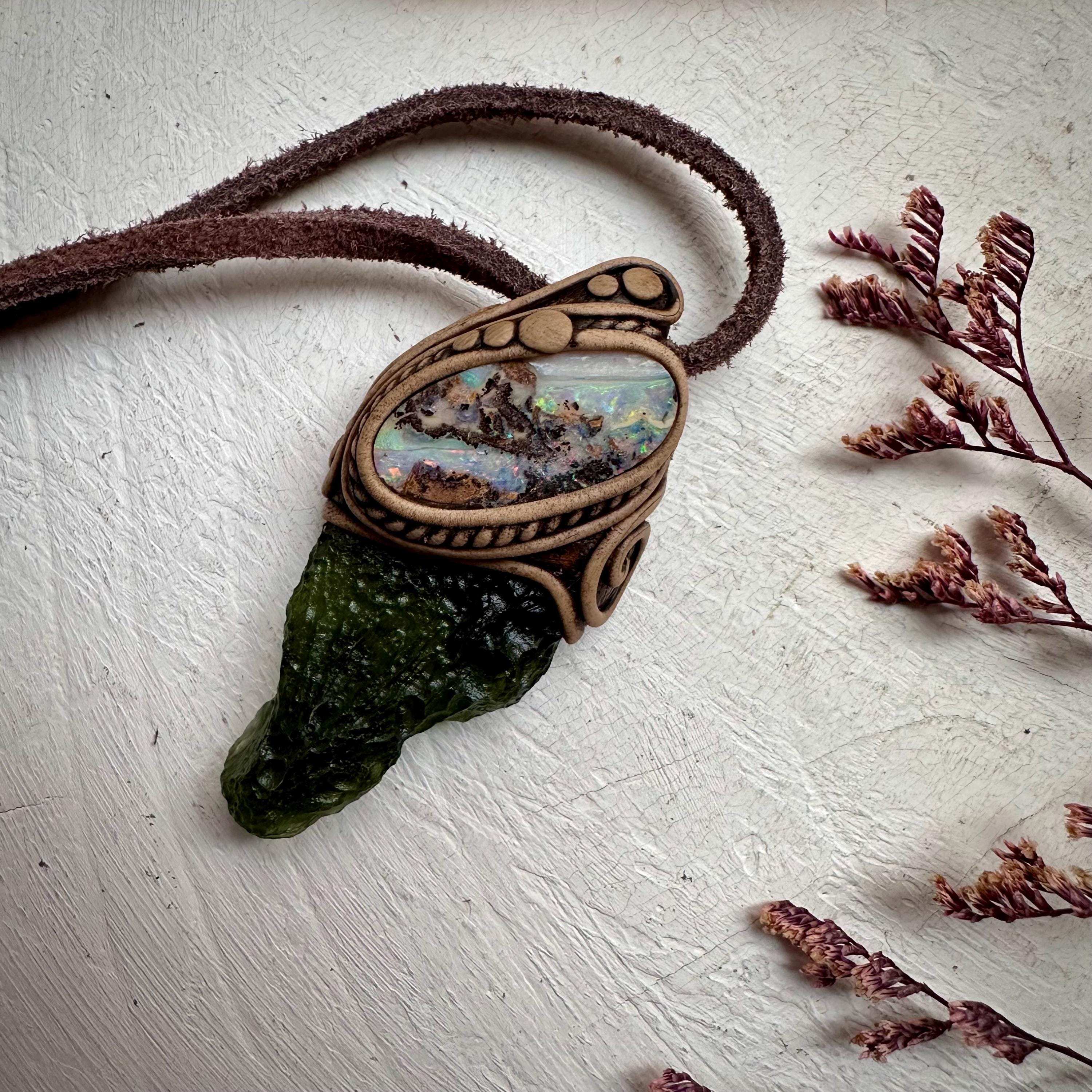 Large Moldavite and Boulder Opal Necklace - FairyGardenGlow