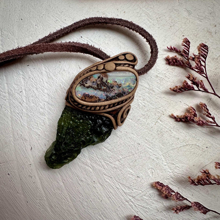 Large Moldavite and Boulder Opal Necklace - FairyGardenGlow
