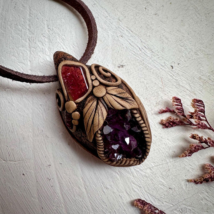 Amethyst Cluster Bi Color Tourmaline and Raw Mozambique Ruby Pendant Necklace - FairyGardenGlow