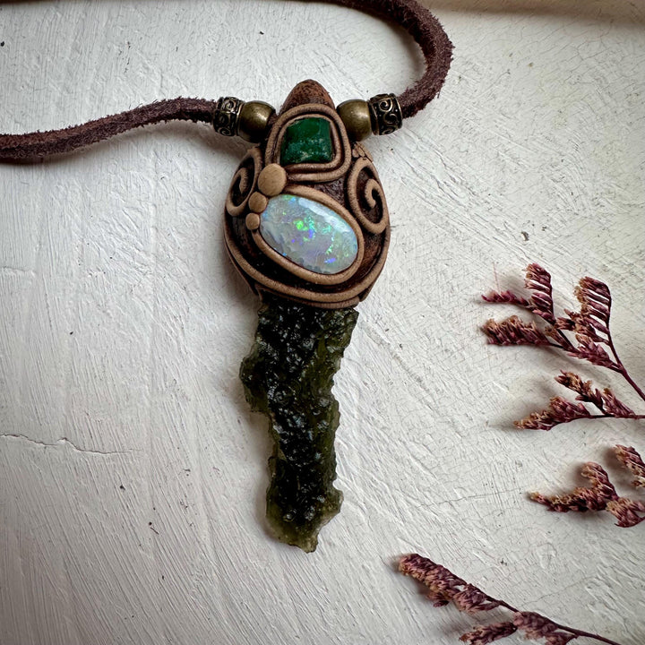 Moldavite Australian Opal and Raw Emerald Necklace - FairyGardenGlow