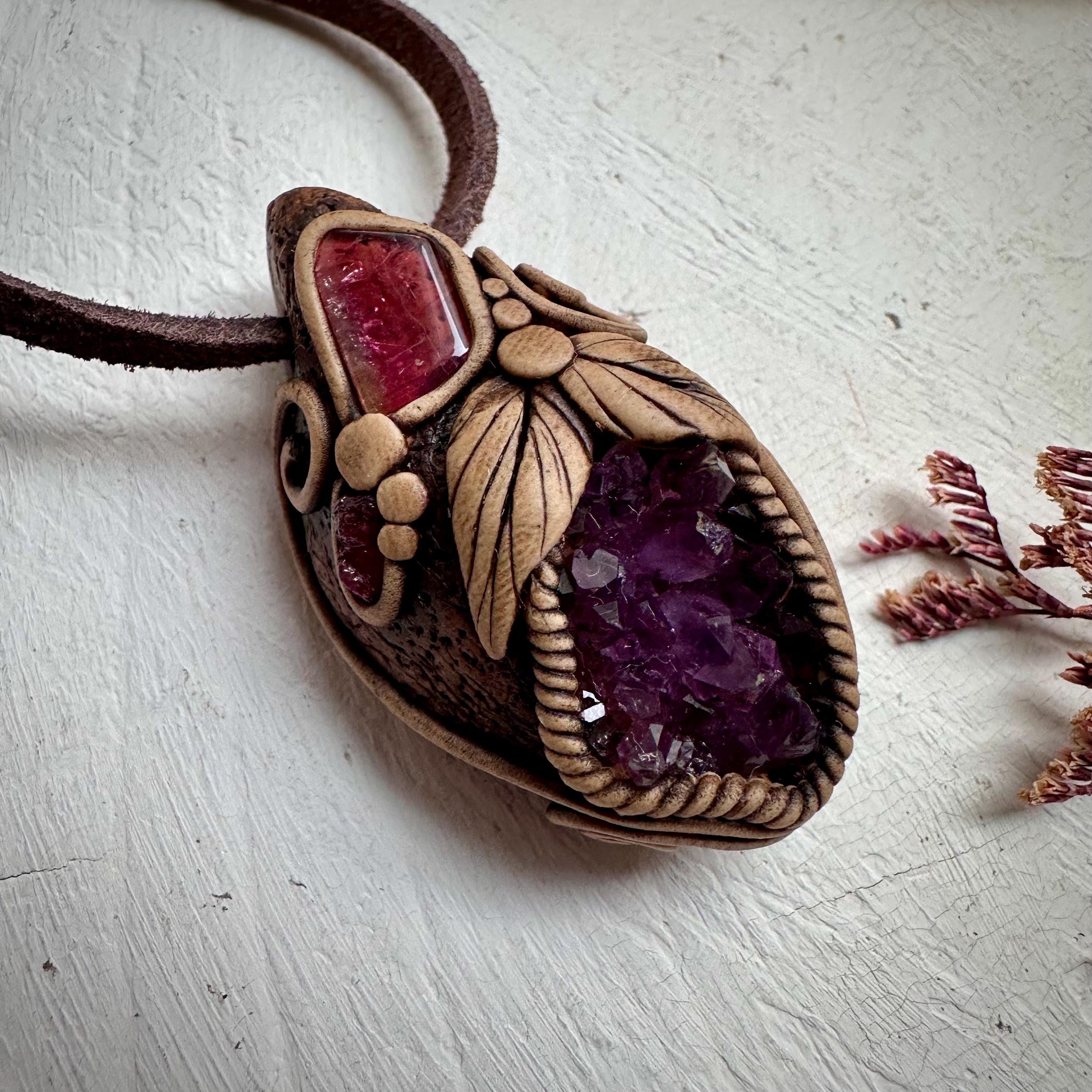 Amethyst Cluster Bi Color Tourmaline and Raw Mozambique Ruby Pendant Necklace - FairyGardenGlow
