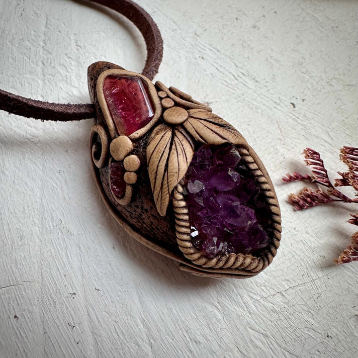 Amethyst Cluster Bi Color Tourmaline and Raw Mozambique Ruby Pendant Necklace - FairyGardenGlow