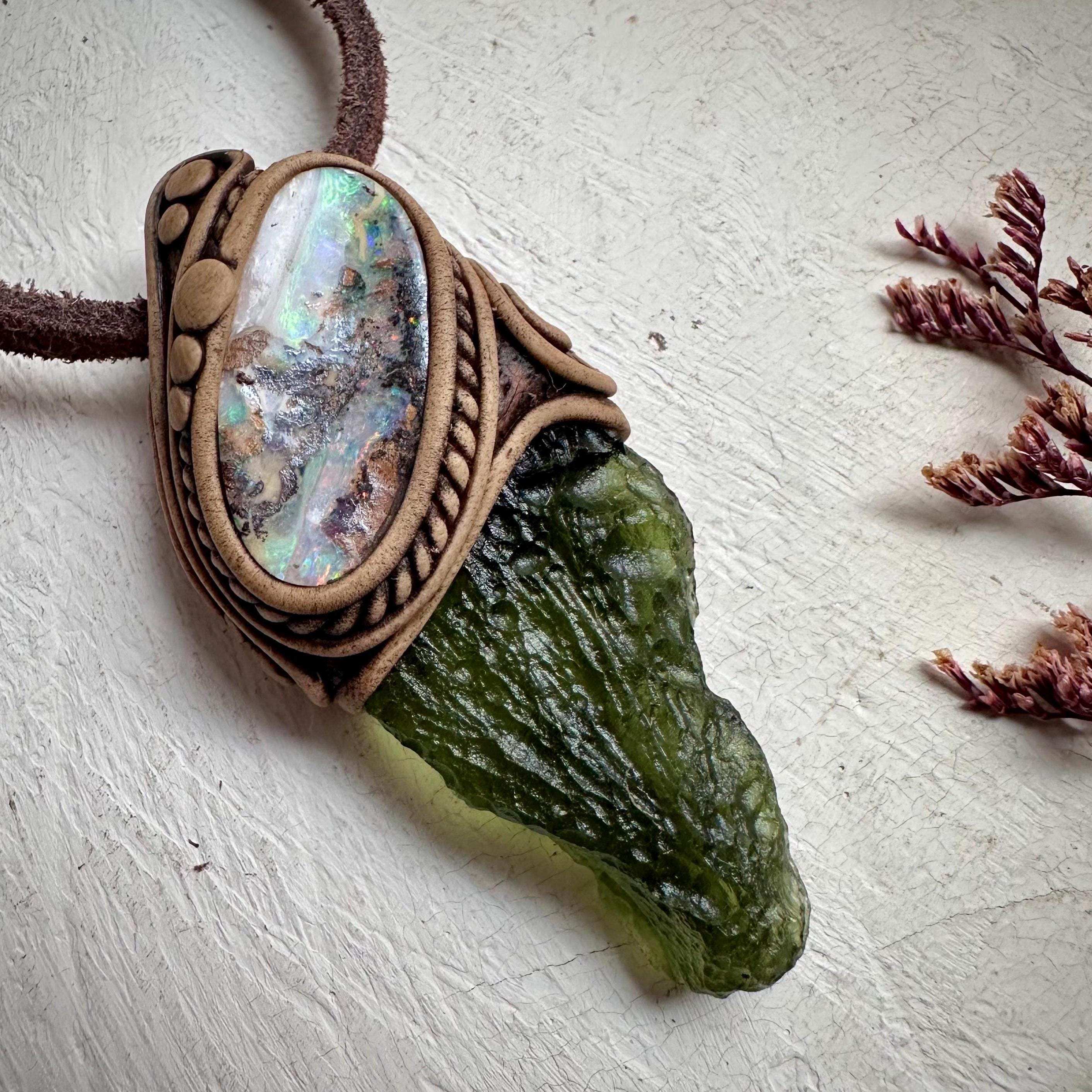 Large Moldavite and Boulder Opal Necklace - FairyGardenGlow