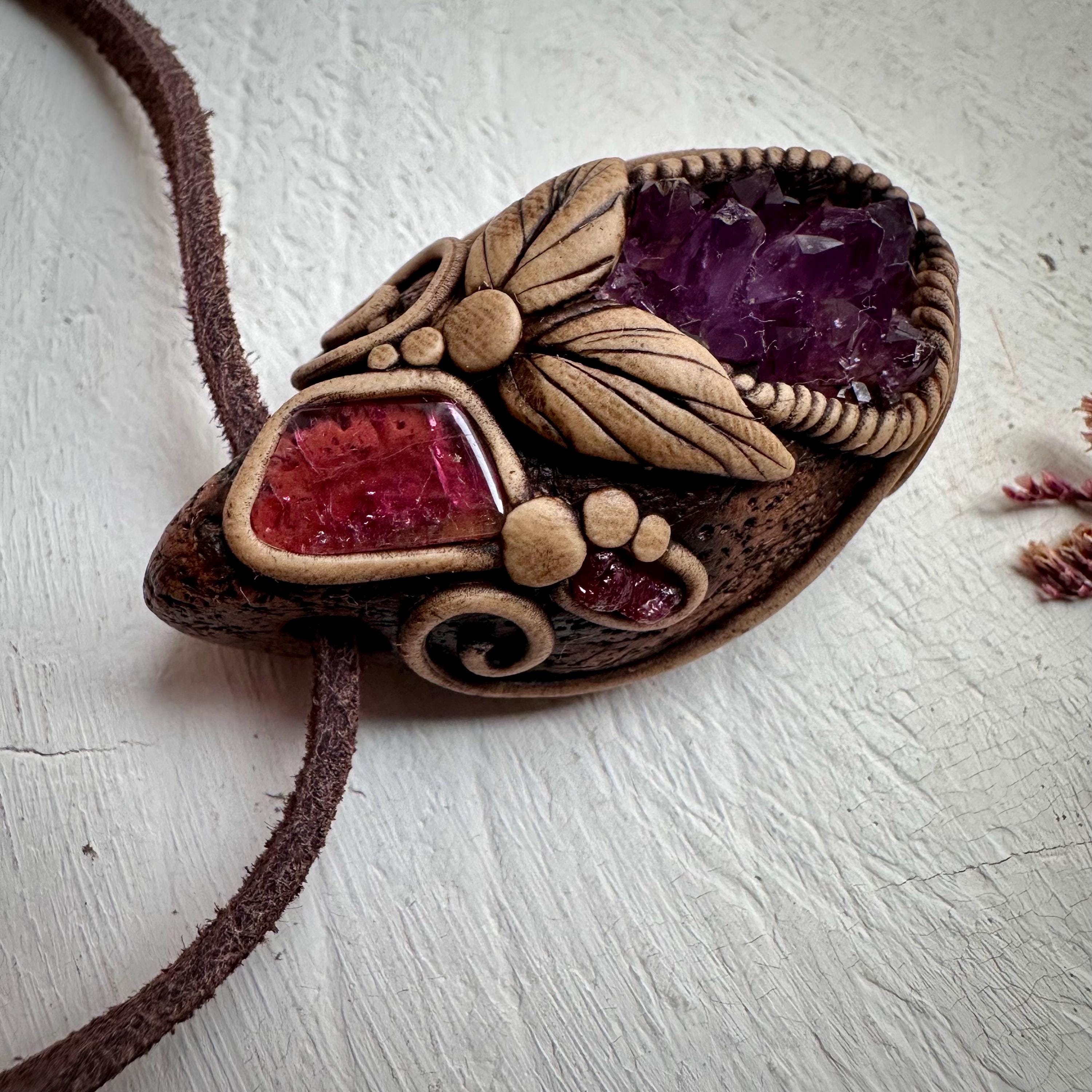 Amethyst Cluster Bi Color Tourmaline and Raw Mozambique Ruby Pendant Necklace - FairyGardenGlow
