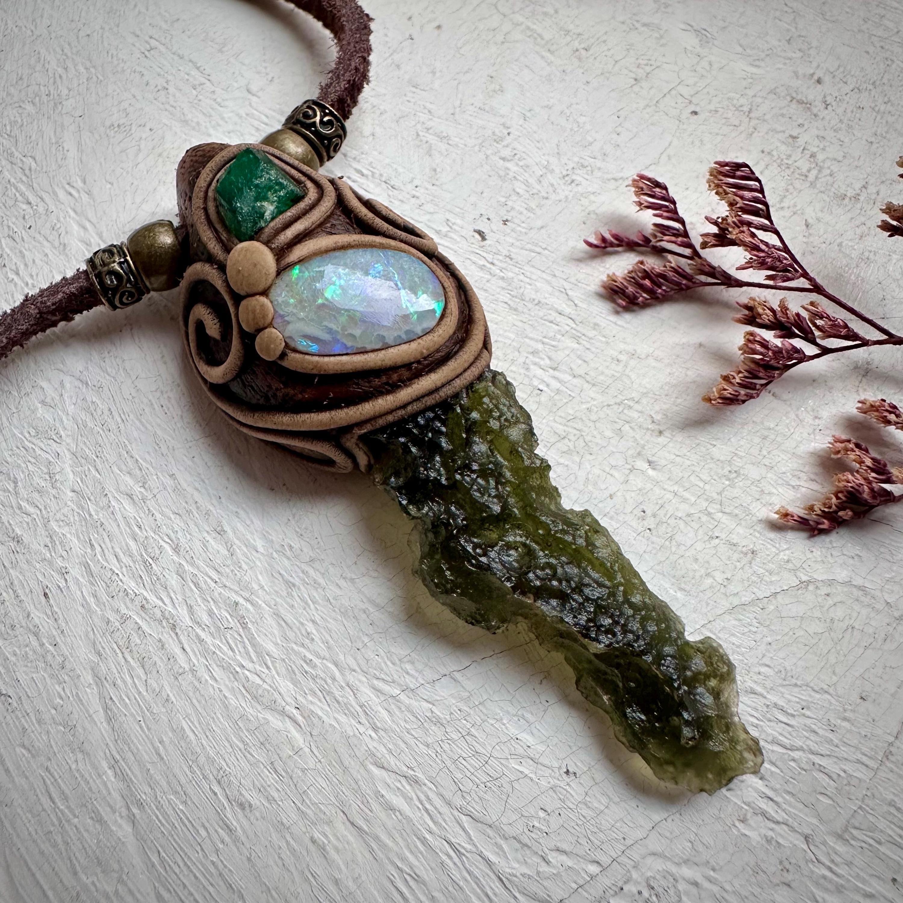 Moldavite Australian Opal and Raw Emerald Necklace - FairyGardenGlow
