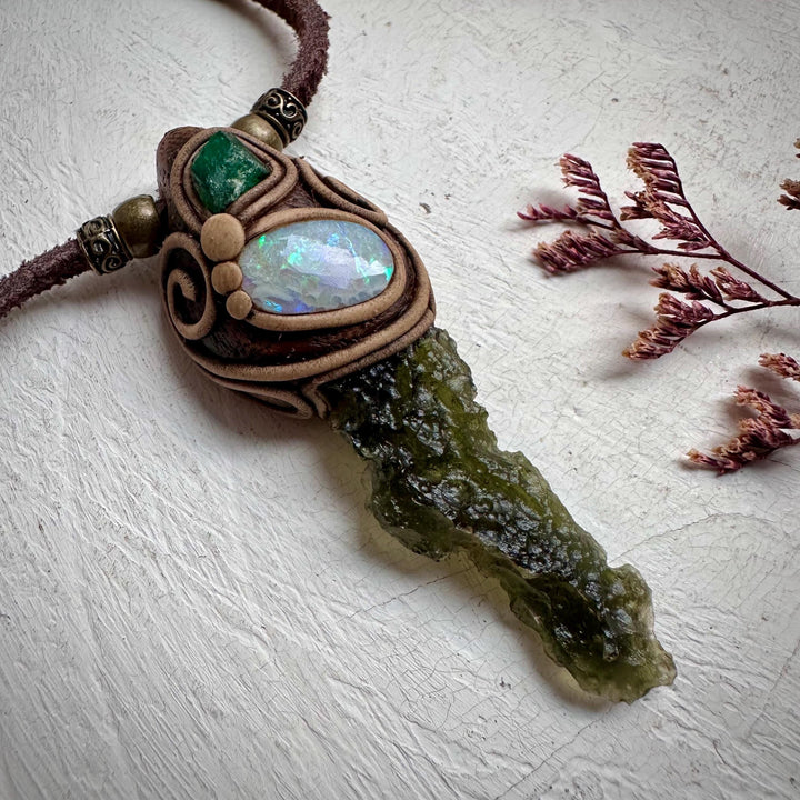 Moldavite Australian Opal and Raw Emerald Necklace - FairyGardenGlow