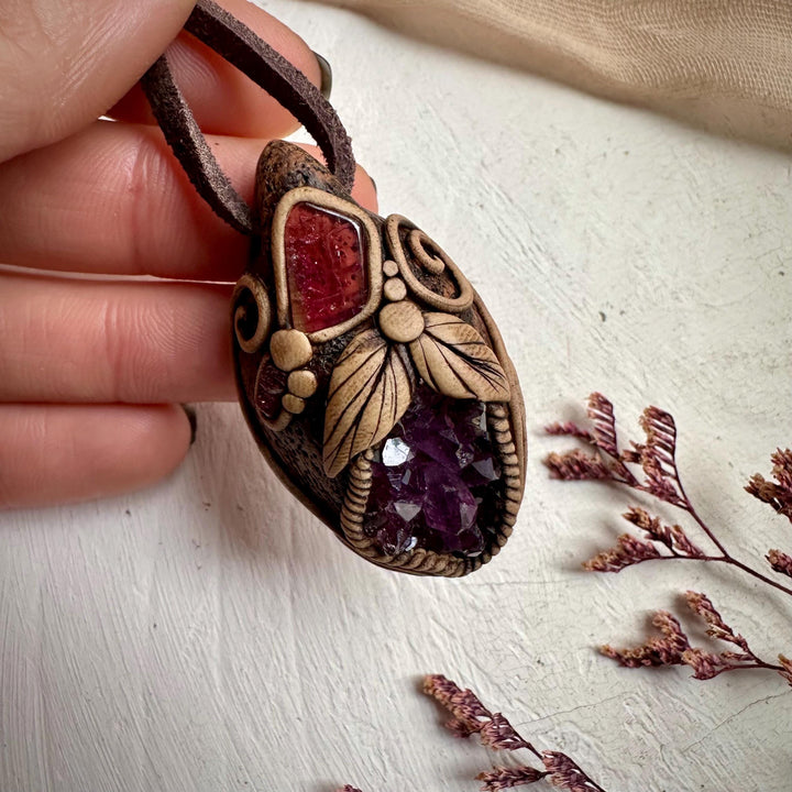 Amethyst Cluster Bi Color Tourmaline and Raw Mozambique Ruby Pendant Necklace - FairyGardenGlow