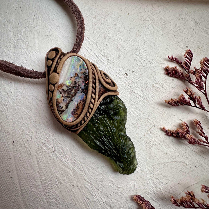 Large Moldavite and Boulder Opal Necklace - FairyGardenGlow