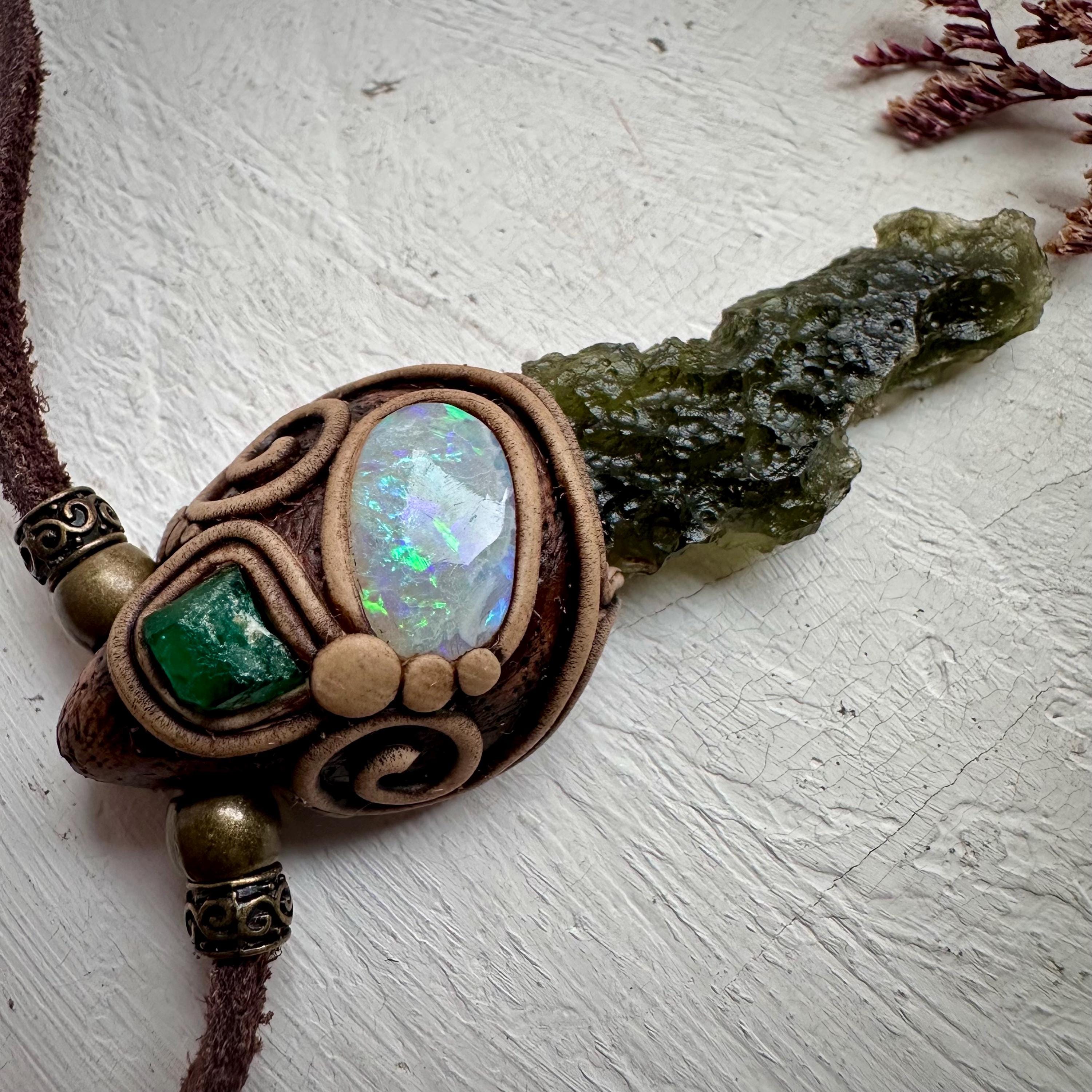 Moldavite Australian Opal and Raw Emerald Necklace - FairyGardenGlow