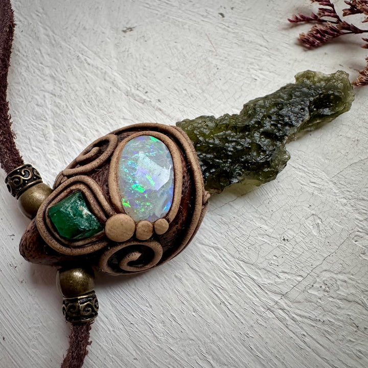 Moldavite Australian Opal and Raw Emerald Necklace - FairyGardenGlow