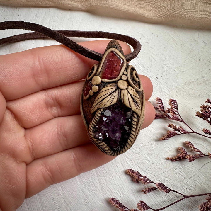 Amethyst Cluster Bi Color Tourmaline and Raw Mozambique Ruby Pendant Necklace - FairyGardenGlow